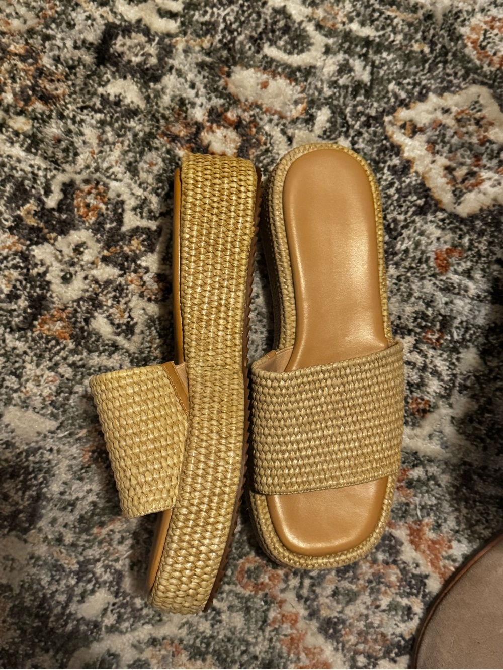 Woven Straw Slide Sandals in Natural Gold